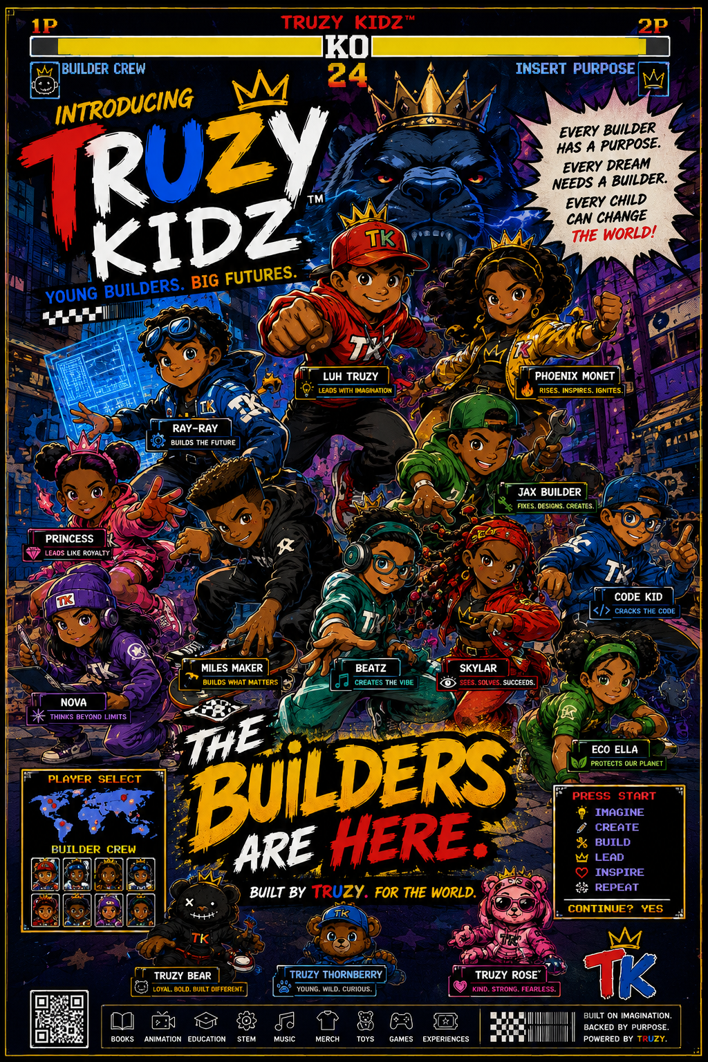 The INTRODUCING TRUZY KIDZ founding poster — the master roster of the Builders